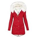 lcziwo Women's Chunky Faux Fur Lined Snow Coat Cold Weather Stylish Thermal Drawstring Waist Hooded Parka Outwear, Red, Medium