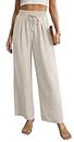 Qixing Womens Wide Leg Casual Loose with Pockets Lightweight High Waist Adjustable Pants Ivory-L