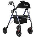 Ambliss Rollator Walker 8" Non-Pneumatic Wheels Rollator Walkers for Seniors with Seat Locking Brakes Adjustable Seat and Arms Dark Blue Aluminum Foldable Medical Walker Removable Back Support 300 lbs