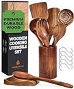Wooden Spoons for Cooking – Wooden Utensils for Cooking Set with Holder, Spoon Rest & Hooks, Teak Wood Nonstick Kitchen Cookware – Durable Set of 8pcs by Woodenhouse