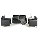AILEEKISS Mid-Century Sectional Sofa Set Faux Leather Office 3 Pcs Couch Set with Armrest Modern Upholstered Loveseat Couches (1-Seater+1-Seater+2-Seater, Black)
