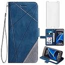 Asuwish Compatible with Samsung Galaxy S7 Wallet Case and Tempered Glass Screen Protector Flip Cover Card Holder Stand Cell Accessories Phone Cases for Glaxay S 7 7s GS7 SM-G930V G930A Women Men Blue