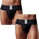 WMX Gym Supporter Trainer Ezee Stretch Cotton Flex Jockstrap with Cup Pocket. Sports Fitness & Recovery (Hernia) - Pack of 2 (Trainer Black 3XL)