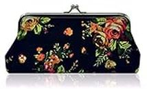 MOCA Vintage Slick Canvas Floral Kiss-lock Clutch Kit Organiser Bag for Card Mobile Holder for Women and Girl's (Black)