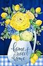 Texupday Home Sweet Home Blue and Yellow Flower Lemon Decoration Spring Summer Floral House Flag Buffalo Check Plaid Seasonal Holiday Outdoor Yard Banner 28" x 40"
