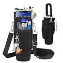 Water Bottle Carrier Bag with Phone Pocket Fits for Stanley/Simple Modern/BOGI/Meoky 40 oz Tumbler with Handle,Neoprene Water Bottle Accessories Holder Pouch with Adjustable Shoulder Hand Strap,Black