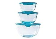Pyrex - Set of 3 Resistant Glass Mixing/Salad Bowls with lids - 0.5L - 1L - 2L - Made in France