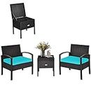 Tangkula 3 Pieces Patio Wicker Conversation Set, Outdoor Rattan Furniture with Washable Thick Cushion & Coffee Table w/Storage Space, Patio Furniture Set for Backyard Porch Garden Poolside (Turquoise)