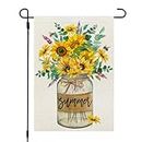 CROWNED BEAUTY Summer Sunflowers Garden Flag Mason Jar 12x18 Inch Double Sided Small Burlap Holiday Flag for Outside Yard CF1476-12