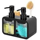 Peevel Dish Soap and Hand Soap Dispenser for Kitchen Sink, Soap Dispenser Set with Sponge Caddy and Brush Holder, Organizer for Kitchen Sink Countertop, Black