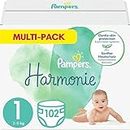 Pampers Baby Nappies Size 1 (2-5 kg / 4-11 lbs), Harmonie, 102 Nappies, SAVING PACK, Baby Essentials For Newborn, Packaging May Vary