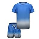 Boys Rash Vest Kids Two Piece Swimming Costume with Board Shorts Short Sleeve Boys Swimsuit Set Age 13-14 Years Blue Grey