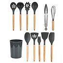 12Pcs Cooking Utensil Set Silicone Kitchen Tools with Wooden Handle for Home Kitchen Cooking (Grey)