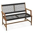 Tangkula Outdoor Acacia Wood Bench, All-Weather Rope Woven Garden Bench with Backrest and Armrests, 2-Person Patio Bench for Porch, Backyard, 705 Lbs Max Load