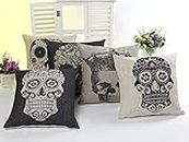 L&J ART 5 PCS 18 x 18 inch Skull Throw Pillow Case Cushion Cover Colorful Floral Mexican Day of The Dead Decor Black Sugar Skull Linen Square Pillowcase Cushion Covers Home Decorative