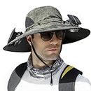Solar Fan Hat, Men Sun Hat with 2 Solar Fan, Wide Brim Solar Fan Outdoor Fishing Hat-Solar & USB Charging (Military Green Ink,M)