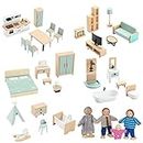 Wooden Dollhouse Furniture Set, 36pcs Furnitures with 4 Family Dolls, Dollhouse Accessories Pretend Play Furniture Toys for Boys Girls & Toddlers 3Y+