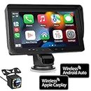 WSRADIOKITS Portable Newest Wireless Apple CarPlay and Android Auto Screen for Car, 7" HD Touch Screen Car Stereo with Mirror Link, Bluetooth 5.2, Backup Camera, AUX,FM Transmitter for All Vehicles