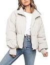 Flygo Womens Cropped Puffer Jacket Stand Collar Zip Long Sleeve Baggy Winter Padded Down Coat, Beige, Large