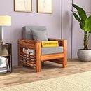 SAAMENIA FURNITURES Sheesham Wood Side Cup Stand Single Seater Sofa Set for Living Room Office Wooden Sofa Set for Living Room Furniture - Honey Finish with Grey Cushion