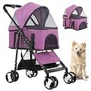 BestPet Pet Stroller Premium 3-in-1 Multifunction Dog Cat Jogger Stroller for Medium Small Dogs Cats Folding Lightweight Travel Stroller with Detachable Carrier (Purple, 4 Wheels)