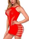 FasiCat Sexy Lingerie for Women Fishnet Halter Chemise Deep V Hot Mesh Mini Dress Bodysuit (one Size, Red3)
