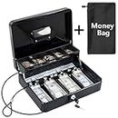 KYODOLED Cash Box with Money Tray, Key Lock Money Safe with Security Cable and Waterproof Bag, 11.81L9.45W3.54H inch, Black X Large