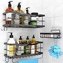 Gobikey Shower Caddy Shelf Storage Bathroom Organiser Shelves No Drill with Soap Holder, Black Stainless Steel Adhesive Shower Rack Accessories with 4 Hooks for Bathroom Kitchen Organization 2+1 Pack