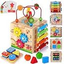 HELLOWOOD Wooden Kids Baby Activity Cube, 8-in-1 Toys Gift Set for 12M+ Boys & Girls, Bonus Sorting & Stacking Board, Montessori Learning Toys for Toddlers Age 1-3,1st Birthday Gift