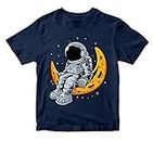 WALLABY KIDS Boys & Girls Cute Astronaut Sitting on The Moon Space Solar System Theme 100% Cotton Unisex Kids T-Shirt (Navy Blue; 5-6 Years)