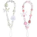 2pcs Phone Charm, Cute Beaded CellPhone Straps Charms Phone Bracelet Strap Strawberry and Butterfly Phone Hand Lanyard Flower Phone Chain Mobile phone Wrist Straps for Girls Women (White&Pink)