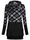 Miusey Boutique Clothing for Women,Ladies Plaid Long Sleeve Cowl Neck Sweaters Pullover Sweatshirt with Two Pocket Black Grey Plaid M