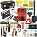 AUTODECO 98 PCS Roadside Car Emergency Assistance Kit with Portable Air Compressor Jumper Cables Safety Hammer All in One Pliers Tool Set（Orange）