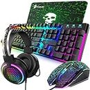 Wired Gaming Keyboard and Mouse Combo with Gaming Mouse Pad and Headset,4 in 1 Gaming Set 100% Full Size LED RGB Light up Ergonomic Gaming Bundle for Teclado Gamer/Computer PC Game/PS4/PS5/XBox Black