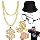 Weploda 4 Piezas Hip Hop Kostüm Eimer Hut, Accesorios de Rapero, Dollar Kette Dollarzeichen Ring, Gafas de Sol, Accesorios de Rapero de Los Años 80/90, Para Hombres y Mujeres