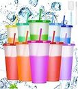 Dulov 24oz Colour Changing Cups with Lid & Straw - 10 Pcs Reusable Cold Cups, Plastic Tumblers Iced Coffee Cup Slushy Cup Drinking Cup Smoothie Cup Travel Cup with Straw for Party
