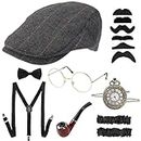 WOTOW 1920s Men’s Costumes, Roaring 20s Gatsby Costumes Accessories for Men with Hat Bow Tie Goggles Holder Suspender Mustaches Sleeve Clips Pocket Watch, 8Pcs