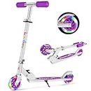 BELEEV Scooter for Kids, 2 Wheels Folding Kick Scooter for Children Girl and Boys, 3 Adjustable Height, LED Flashing Light up Wheels, with Kickstand (Purple)