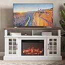 BELLEZE Traditional 58" Rustic TV Stand with 23" Electric Fireplace Heater, Media Entertainment Center Console Table for TV up to 65" with Open Storage Shelves and Cabinets - Astorga (White)
