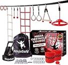 Ninja Obstacle Course for Kids Backyard - 10 Durable Obstacles and 15m Slackline - Outdoor Playset Equipment for Girls & Boys with Climbing Net & Ladder, Wheel, Warrior Gymnastics & Monkey Bars