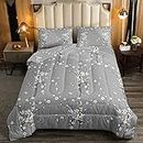Loussiesd Women's Duvet 135 x 200 cm Girls Branch and Plum Printed Quilt for Adults Teenagers Bedroom Chinese Style Plum Bossom Decor Quilt Grey White Cream Flowers