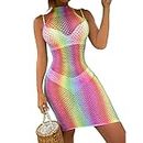 Women Sexy Teddy Rainbow Fishnet Chemise Hot Mesh Mini Dress Lingerie Babydoll Bodysuit See Through Cover Up Dress, Colorful Fishnet Halterneck Dress, One size