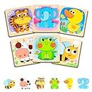 Kizmyee Wooden Puzzles Animals 6 Pcs Jigsaw Puzzles with Backgrtound Baby Montessori Educational Learning Toys for Girls Boys 18M+ Years old