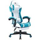 HLDIRECT Gaming Chair, Ergonomic Gaming Chairs for Adults, Video Game Chair with Footrest, Gamer Computer Chair with Highback Headrest and Lumbar Support, Swivel PU Leather Office Chair, White & Blue