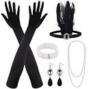 FEPITO 8 Pieces 1920s Flapper Accessories Set Fashion Roaring 20's Theme Set with Headband Headpiece Long Black Gloves Necklace Earrings for Women（Set B）