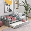Oudiec Twin Size Daybed with Trundle,Wood Sofa Bed Frame with Safety Guardrail,Space Saving Design & No Spring Box Needed,79.5''L*83.4''W*30''H,Gray