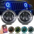 2X 7" 60W Bluetooth Controlled round RGB Halo Ring LED Headlights Compatible wit