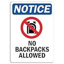 Notice - No Backpacks Allowed Sign With Symbol | LABEL DECAL STICKER Retail Store Sign Sticks to Any Surface 8"
