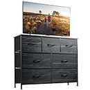 WLIVE Dresser TV Stand, Entertainment Center with Fabric Drawers, Media Console Table with Metal Frame and Wood Top for TV up to 45 inch, Chest of Drawers for Bedroom, Charcoal Black Wood Grain Print