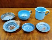 6 Piece Blue Enamel Antique late 1800s Doll Dollhouse Toy Cookware Kitchen Set